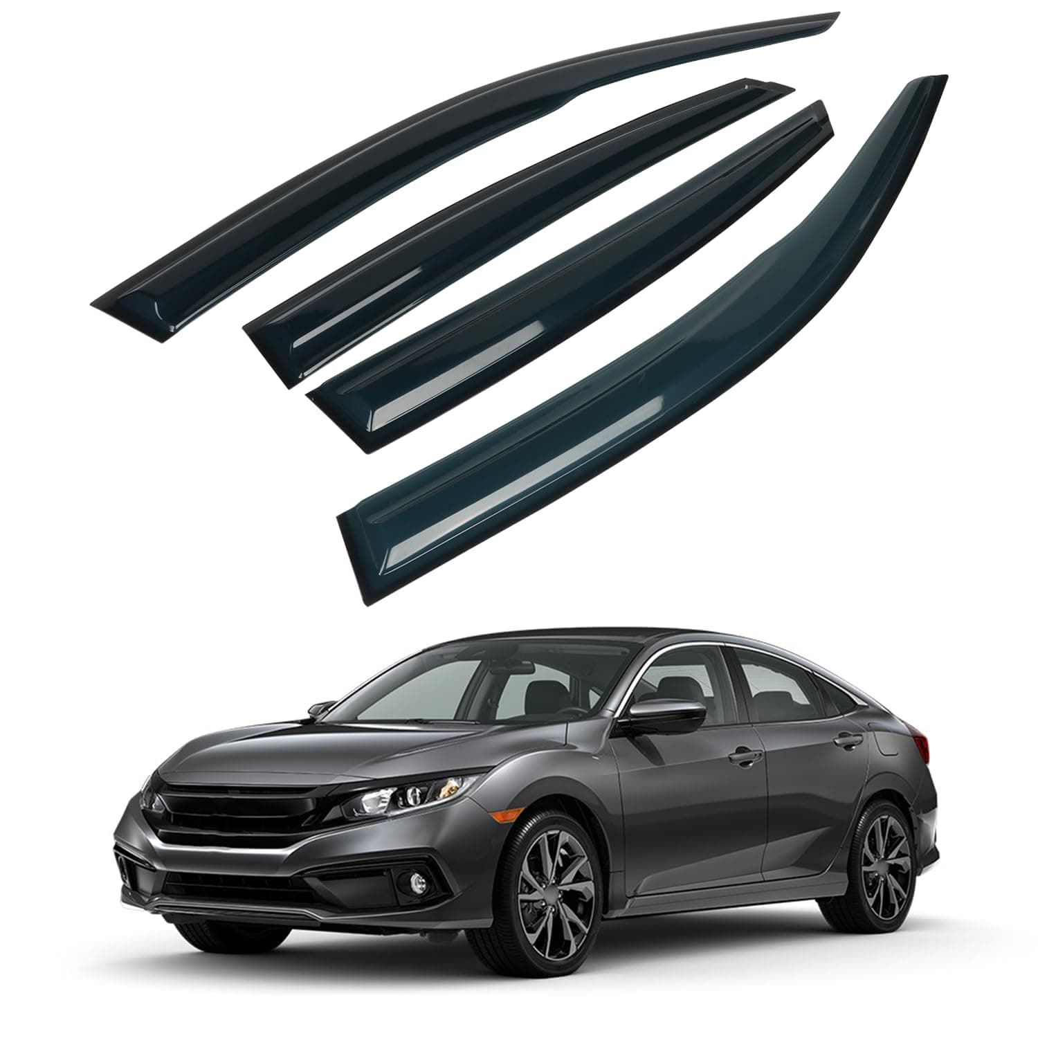 4PCS Rain Guards Window Visors Wind Deflector Fits for Honda Civic 2016-2021 10th 4-Door Sedan, 94682, Outside Mount Vent Shade Shield, 2016 2017 2018 2019 2020 2021
