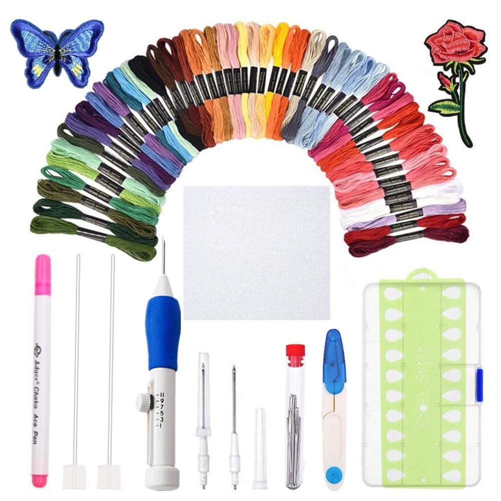 Knitiss [Update Model] Magic Embroidery Pen Set Punch Needle Kit, Embroidery Pen with Cloth, 50 Color Embroidery Threads