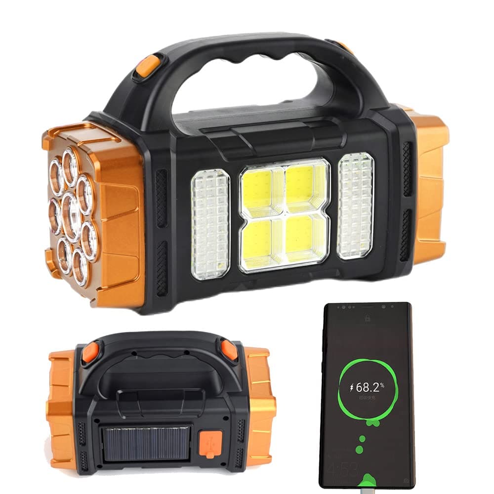 Rechargeable Flashlight Camping Light with Solar Charger, Multi Lamp Handheld Torch Lanterns Electric Flashlight for Outdoor Hiking or Indoor Power Outages (L-Gold)