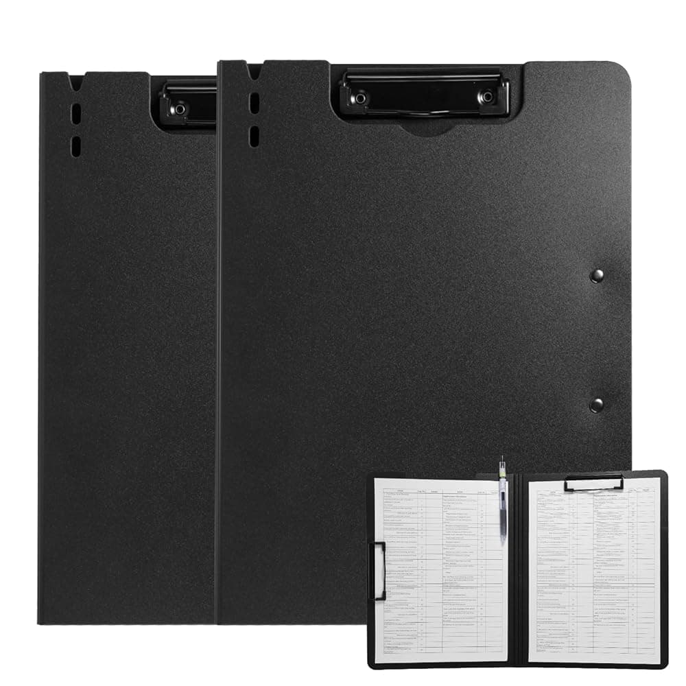 Clipboard Folder, 2 Pcs A4 Foldable Clipboard with Horizontal and Vertical Double Metal Clips, 360 Degree Foldable Binder Clipboards with Pen Holder, File Cover Work Folder Clipboards, Black
