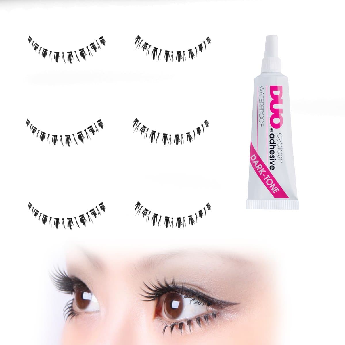 Retro Dollish Look LOW False Eyelashes Set with Duo Dark Glue | 6 X Strip Falsies for Your Ultimate Eye Makeup Look - Black Fake Eyelashes 3 Pairs - 60's Style Bottom Falsies Twiggy Look