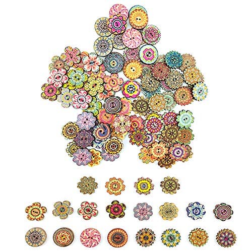 100 Pcs 20mm Vintage Wood Button, Mixed Pattern 2 Hole Round Craft Button Sewing DIY Crafts Decoration, Random Shining Sewing Crafting, 5 Shapes Wooden Buttons Bulk