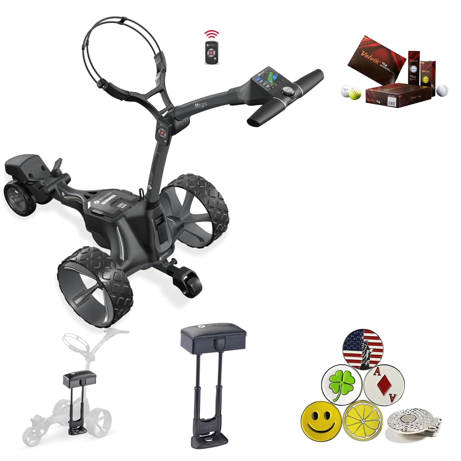 Motocaddy M7 GPS Remote Touchscreen Electric Cart Bundle with Holders for Umbrella/Scorecard/Drink, Device Cradle, M Series Caddy Seat, 1 Dozen Volvik Golf Ball, 5 Ball Markers