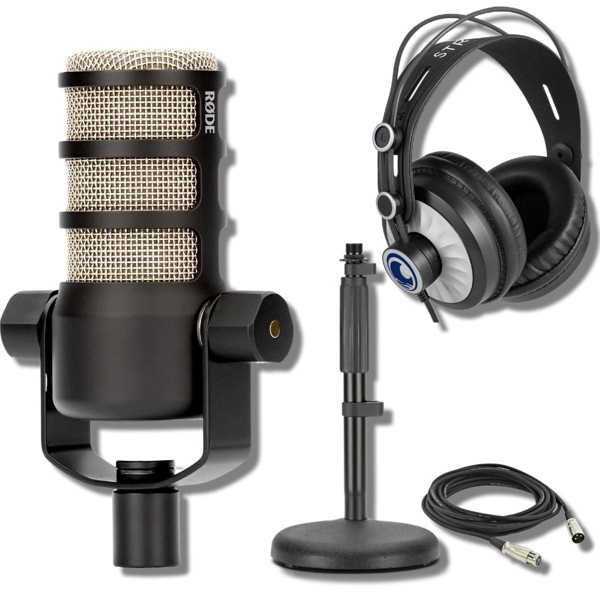 Rode PodMic Dynamic Podcast Microphone with Rode DS1 Desktop Mic Stand, Podcast Headphones, XLR Cable and StreamEye Polishing Cloth