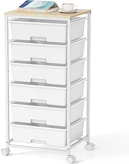 Rolling Storage Cart with Drawers,Utility Cart with 6 Large Drawers and Wooden Tabletop,Craft Storage Cart with Lockable Wheels for Bedroom, Office, Classroom, Kids'Room, Living Room (White)