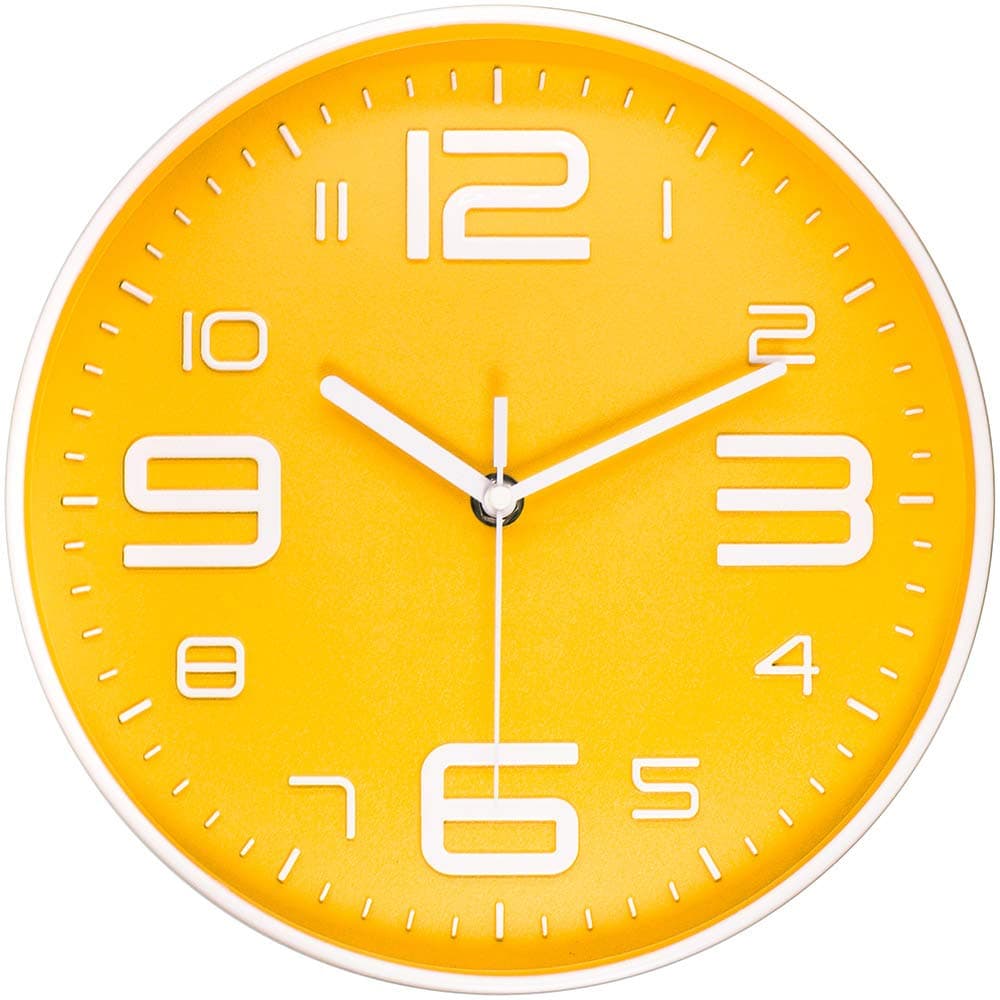 45MinST 10 Inch 3D Number Dial Face Modern Wall Clock, Silent Non-Ticking Round Home Decor Wall Clock with Arabic Numerals, Colorful Dial Face (Yellow)