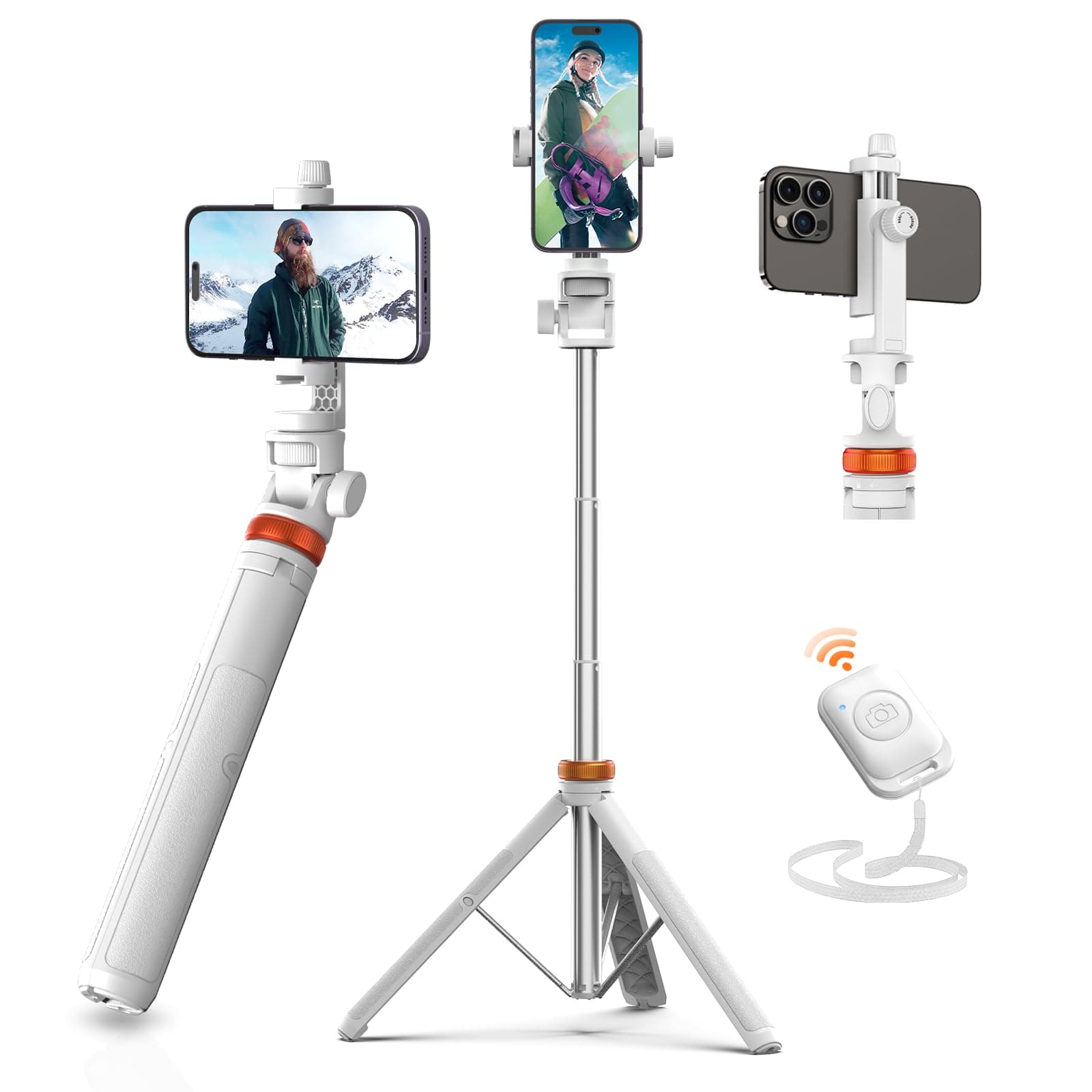 EUCOS 62" Tripod for iPhone, Sturdy Selfie Stick Tripod with Remote & Lightweight Phone Stand, Solidest Portable Cell Phone Tripod, Compatible iPhone Pro Max/Android [White]