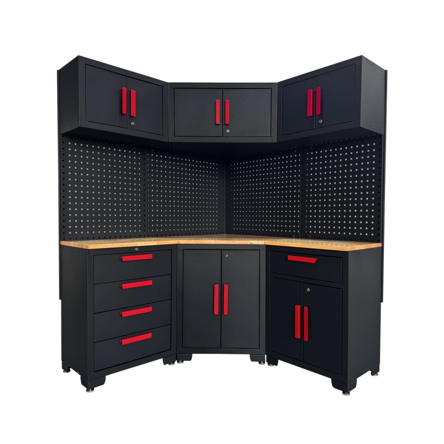 Corner Workshop Set - 10-Pcs Garage Cabinets and Storage System with Corner Cabinet, Cabinet Drawers, Workbench, Pegboard for Tool Organization Workshop, Red and Black
