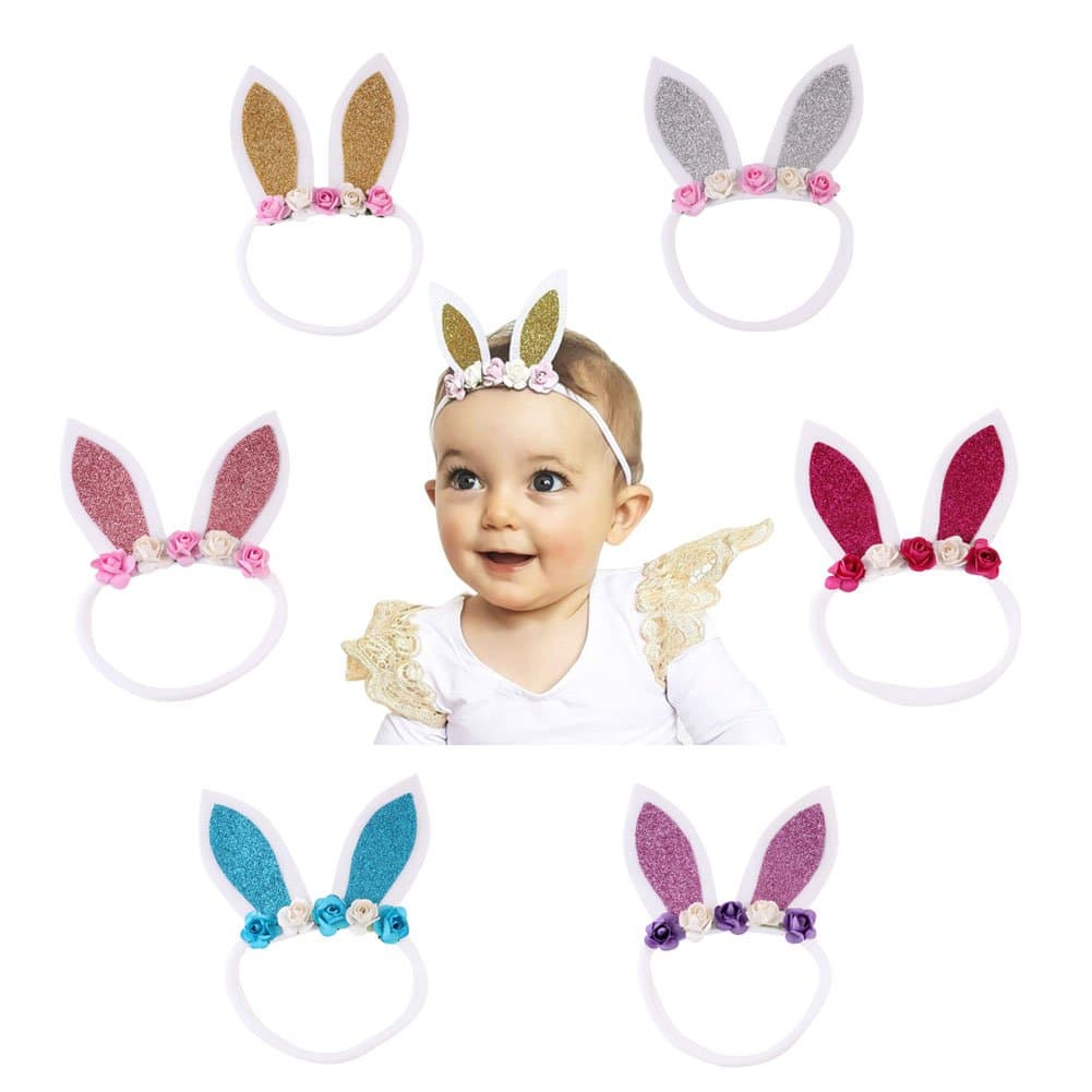 Baby Easter Bunny Headband with Flower Glitter Rabbit Ears for Easter Gift (6 Pack)