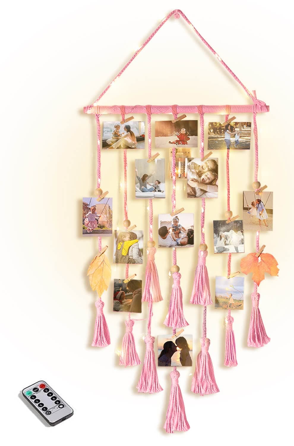 Hanging Photo Display Wall Decor, Pink Macrame Wall Hanging Boho Room Bedroom Decor, Picture Frame Collage with Remote Light & 30 Clips, Christmas Teenage Teen Girl Gifts Ages 10 11 12 13 14 Years Old