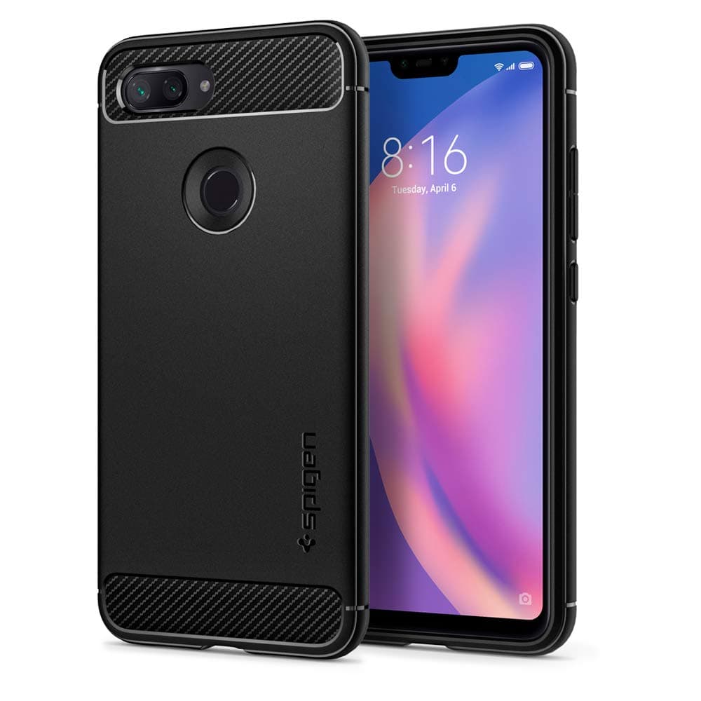 Spigen [Rugged Armor Case for Xiaomi Mi 8 Lite, Original Patent Carbon Fiber Design Flexible TPU Phone Cover for Mi 8 Lite Case - Black