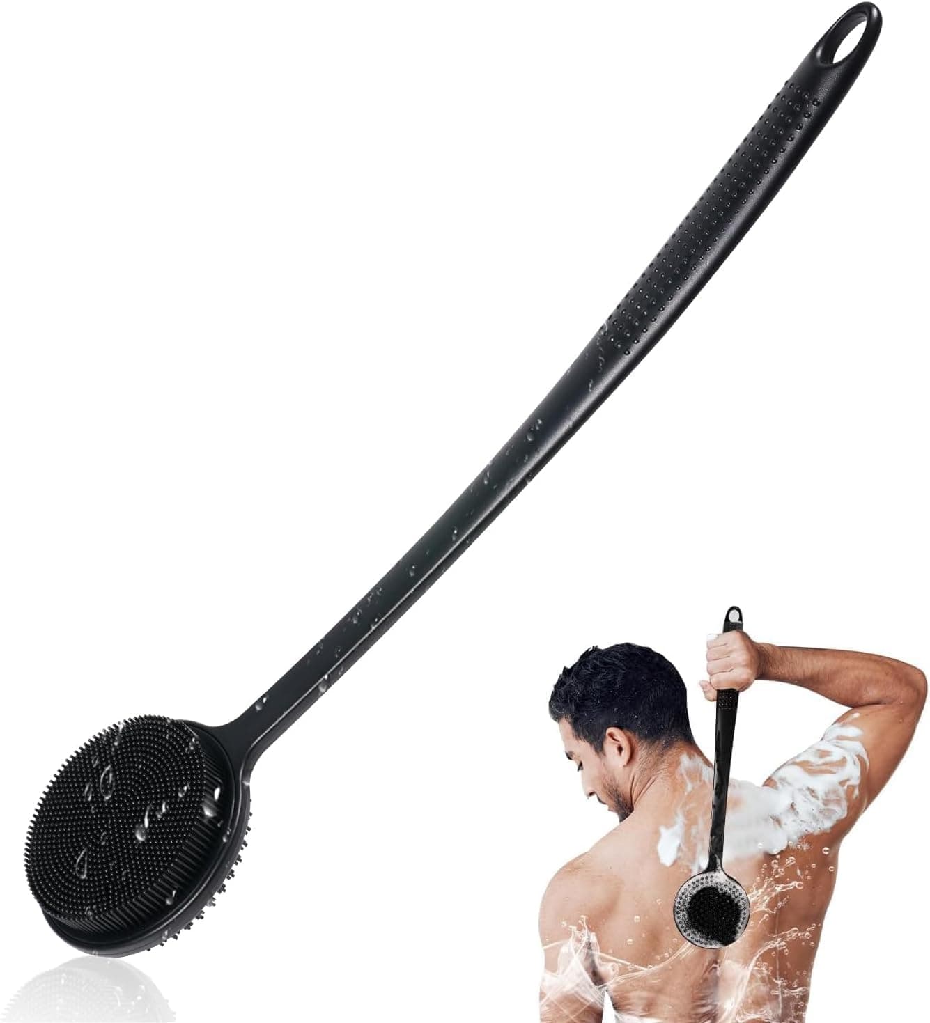 Silicone Body Scrubber For Shower With Long Handle, Double Sided Brush Exfoliating And Massage Can Produce Rich Foam, Handle Back Men