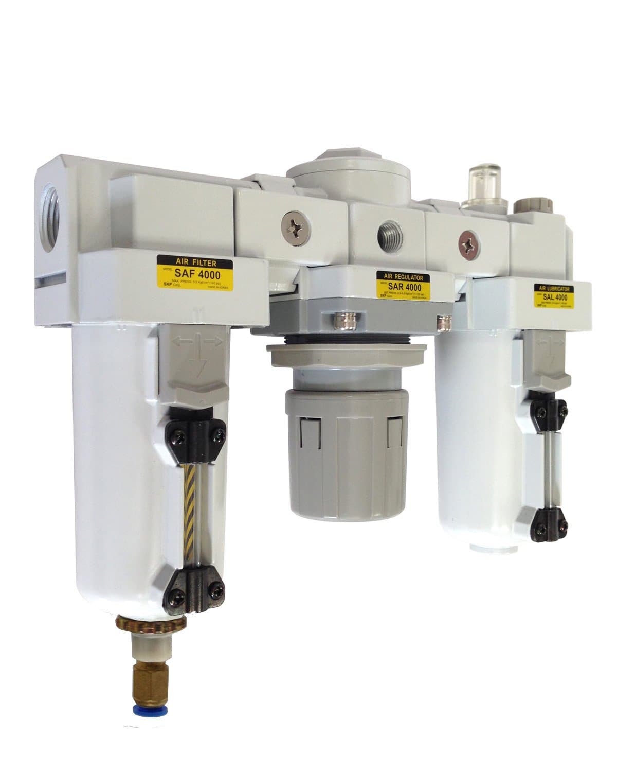 PneumaticPlus SAU4000M-N04DG-MEP Three-Unit Combo Compressed Air Filter/Regulator/Lubricator FRL Air Preparation Unit 1/2" NPT - Auto Drain, Metal Bowl, Relieving Type, 10 Micron, With 0-150 PSI Gauge