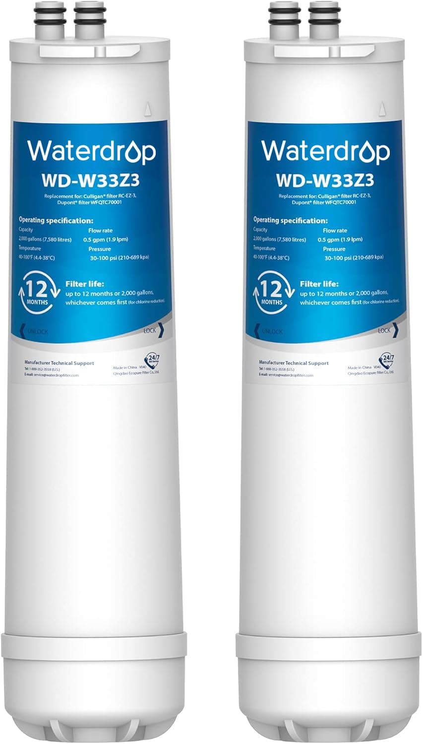 Waterdrop RC 3 EZ-Change Premium Under Sink Water Filter, Replacement for all Culligan EZ Change Water Filter Systems, Including RC-EZ-3, IC-EZ-3, US-EZ-3, RV-EZ-3, RC-EZ-1, 500 Gallons (Pack of 2)