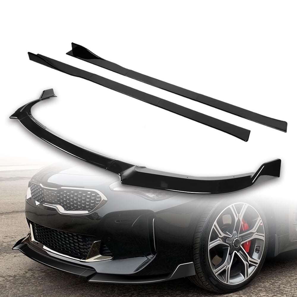 9pcs Combo Front Bumper Body Kit Lip + Side Skirt Extensions Diffuser Compatible with 2018-2023 Kia Stinger 2019 2020 2021 2022 (Painted Black)