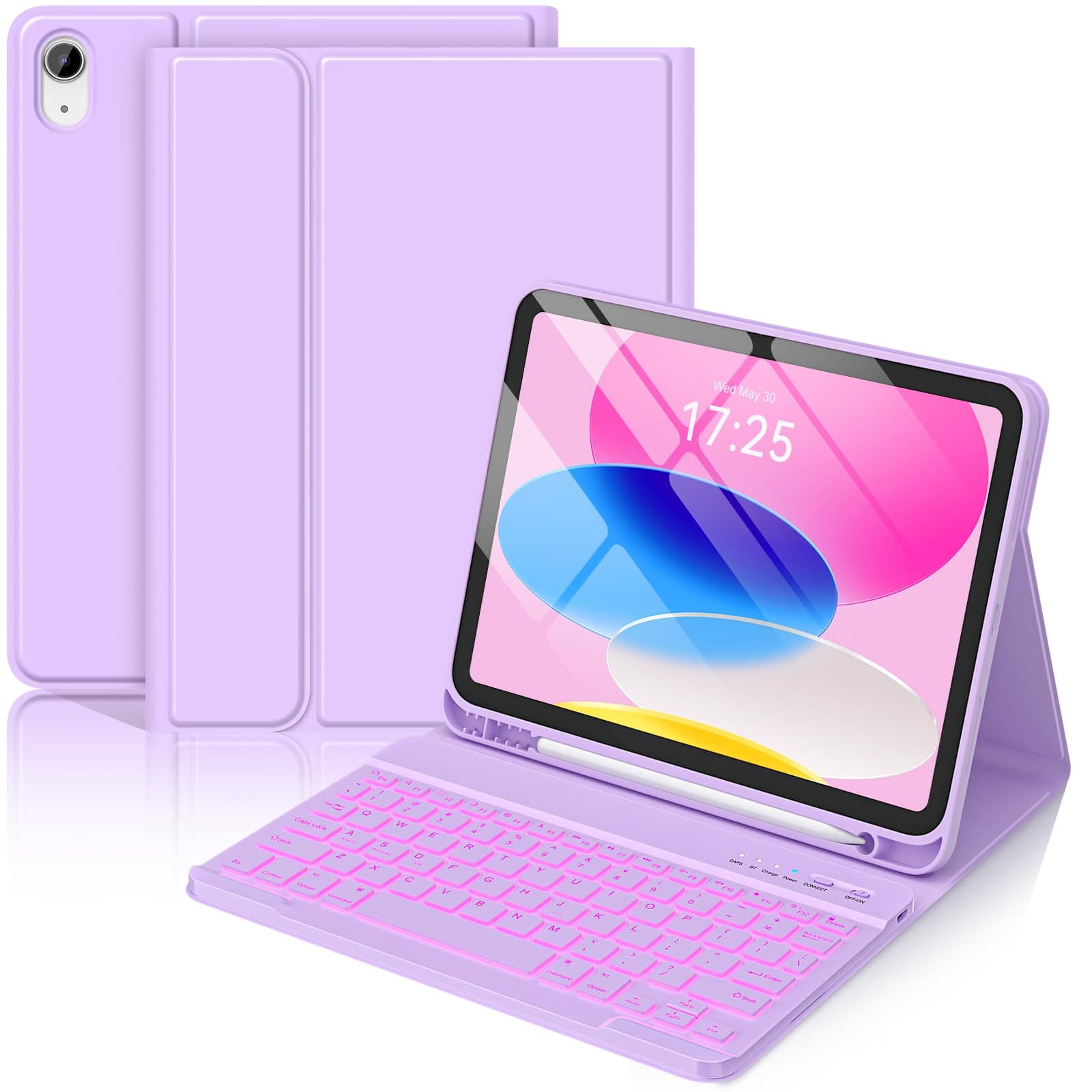 BQSS for iPad A16 11th 10th Generation Case with Keyboard (2025/2022), 7 Colors Backlit Wireless Detachable Folio Keyboard Cover with Pencil Holder for iPad 11/10.9 inch, Auto Wake/Sleep (Purple)