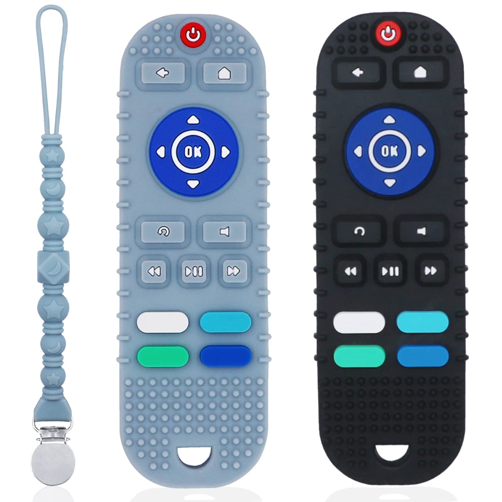 2 Pack Baby Remote Control Teether with Pacifier Clip for Babies, Toddler Chew Toys for Autistic Kids, Silicone teething toys for Babies 12-18 months Relief Teething Gums