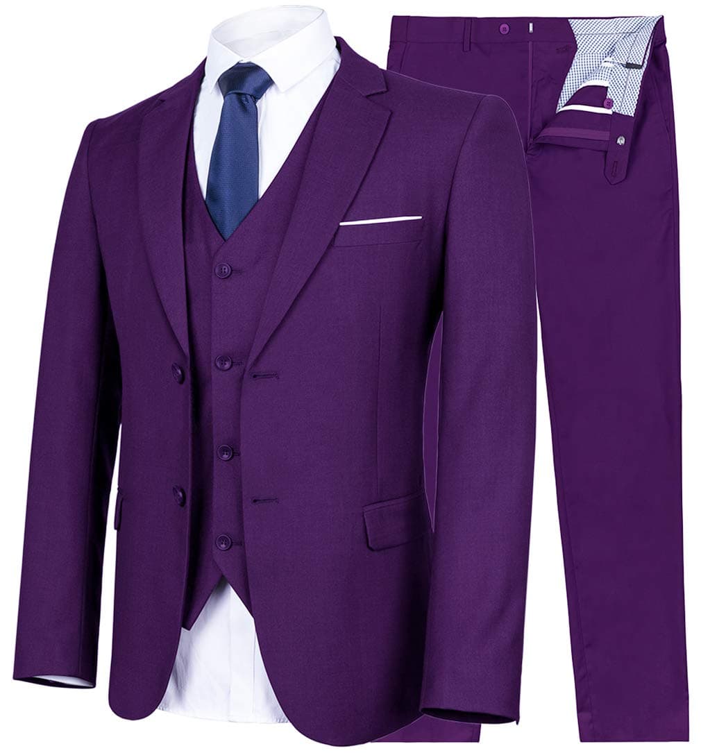 YIMANIE Mens Suit 3 Piece Single Breasted Jacket Two Button Slim Fit Blazer Tux Vest&Trousers, Purple, X-Small