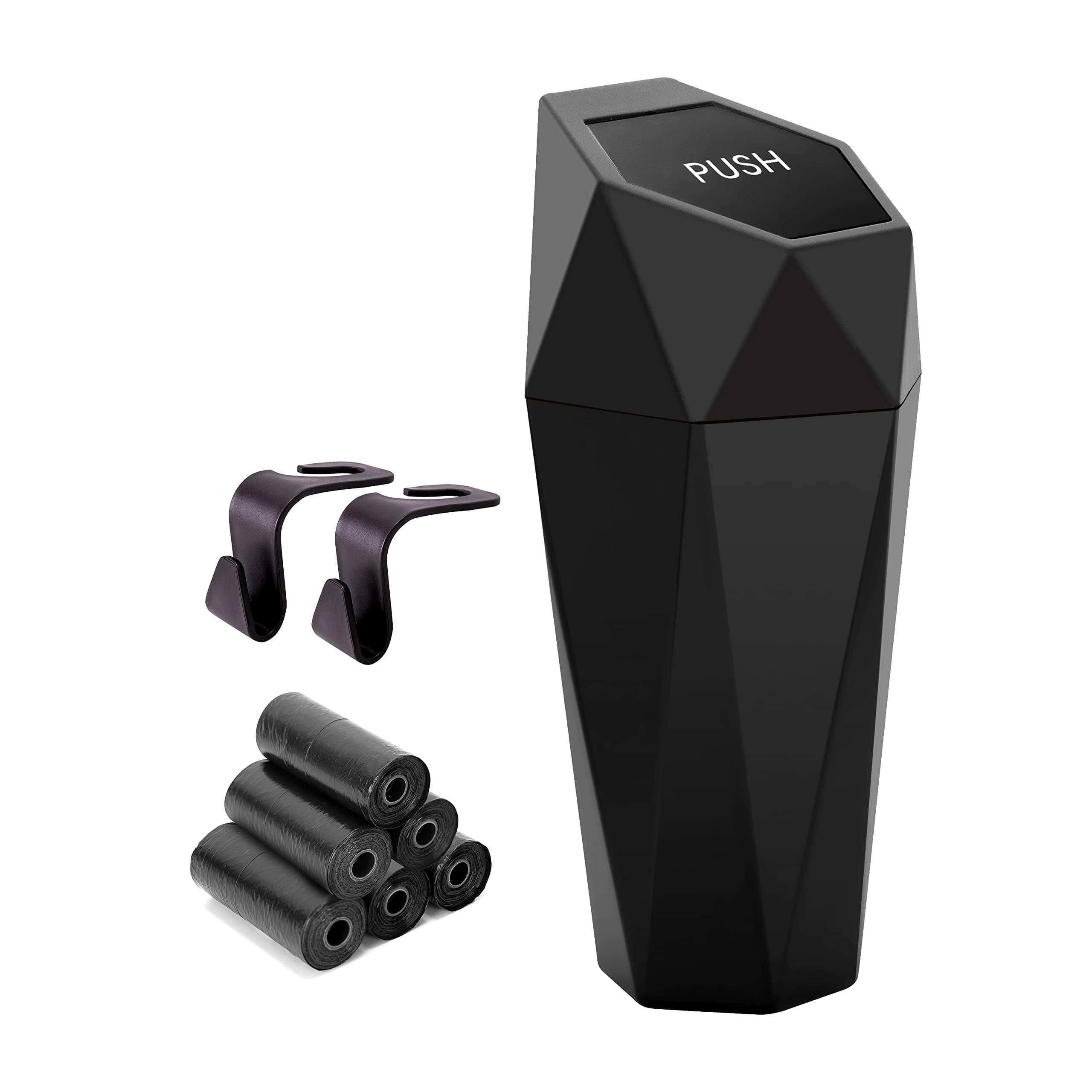 Car Trash Can Cup Holder, Ginsco Mini Car Trash Can with Lid, Car Accessories for Interior, Leakproof Small Trash Cup for Car, Home, Office, Bedroom with Additional 2 Hooks and 90pcs Trash Bags Black