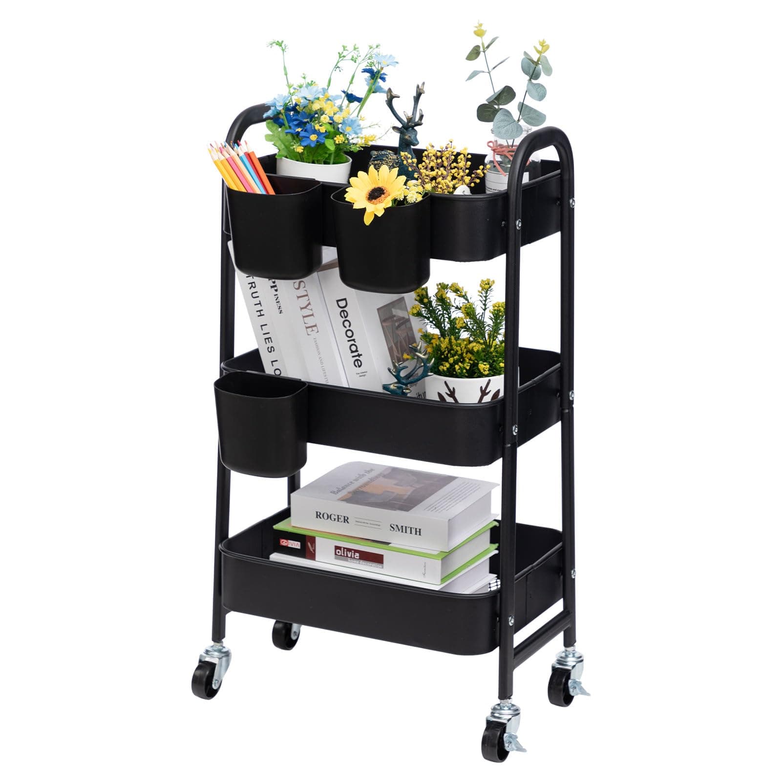 DOEWORKS 3-Tier Storage Trolley Metal Rolling Kitchen Trolley on Wheels Craft Trolleys Book Trolleys Utility Storage Cart for Beauty Room Bathroom Office, Black with 3 Cups