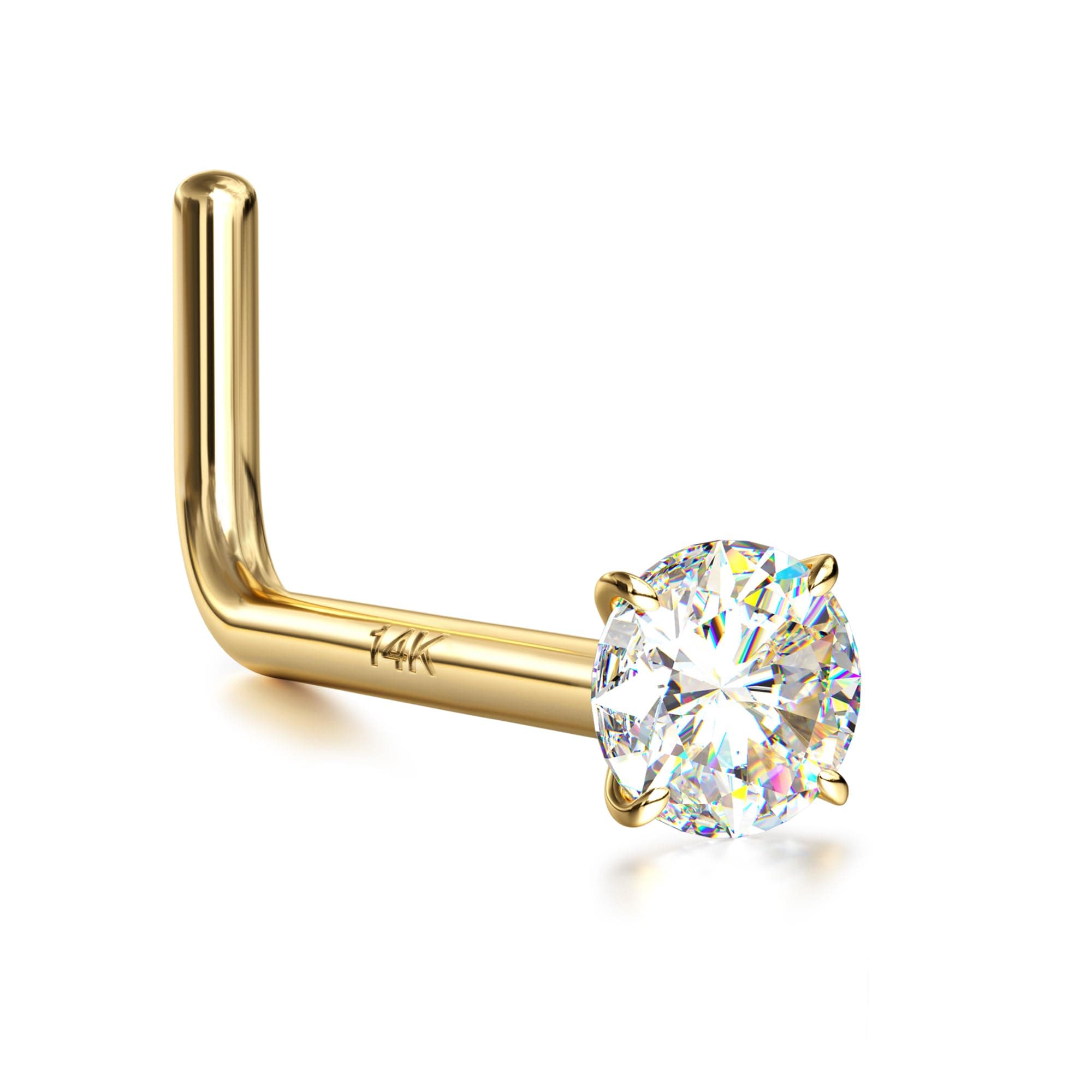 14K Real Gold Nose Studs, 18G 20G Solid Gold L Shaped Nose Rings, Simulated Diamond CZ Hypoallergenic Nose Piercings for Women Men 1.5 2 3MM