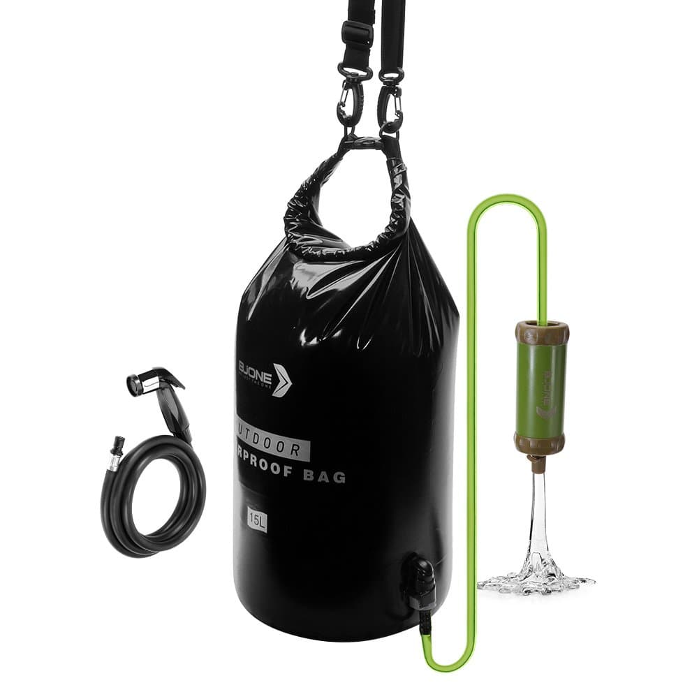 Water Filter Bag System,15L High-Volume Gravity-Fed Water Purifier,Portable Dry Bag and Outdoor Hydration Pack with 1 Shower And 1 Hollow Fiber Filter Module for Camping and Adventures (Black)