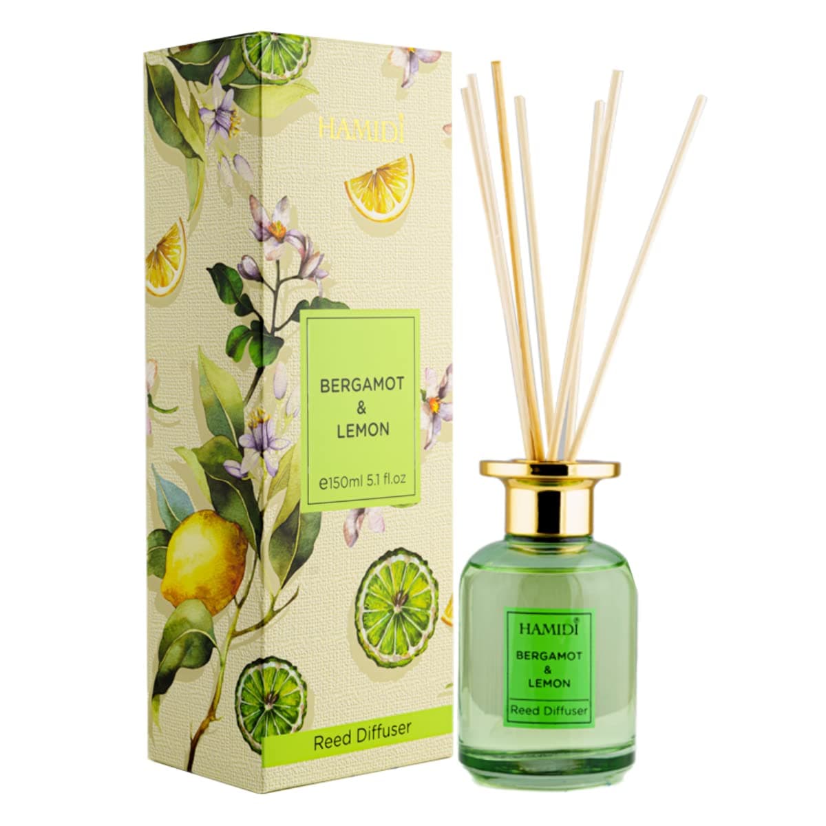 HamidiBergamot & Lemon Reed Diffuser 150ml Scented Stick Set, Non Alcoholic, Indoor & Outdoor, Aromatherapy, Air Freshener Reed Diffusion Oil, Refill, Relaxing, Long Lasting