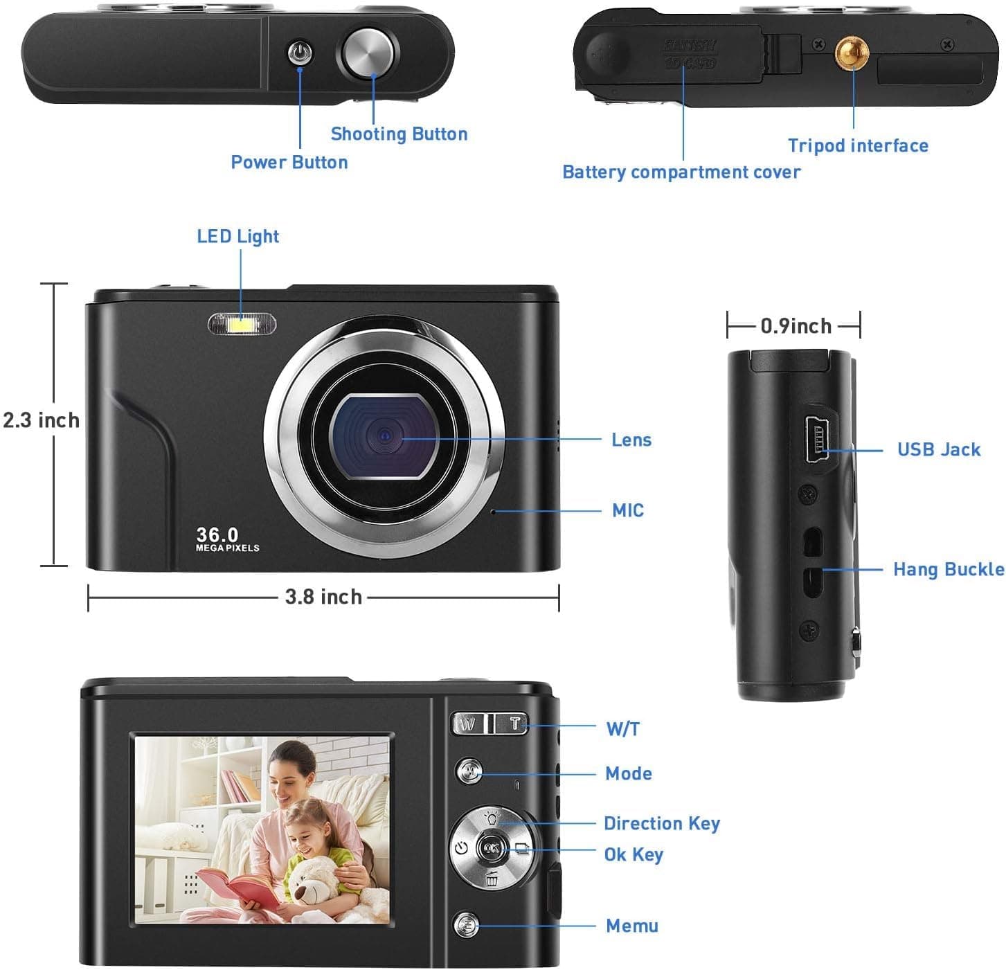 Autofocus Vlogging Camera - FHD 1080P, 48MP with 16X Digital Zoom, Compact, Portable, Mini Camera for Teens, Kids, Adults & Beginners - Space Black