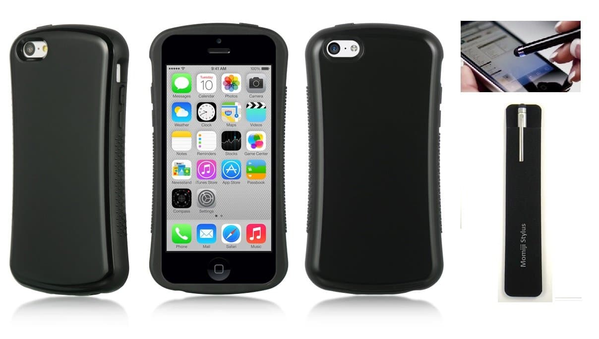 Apple Iphone 5c Dual Layer Case with Momiji Stylus Pen and Screen Protector (Black)