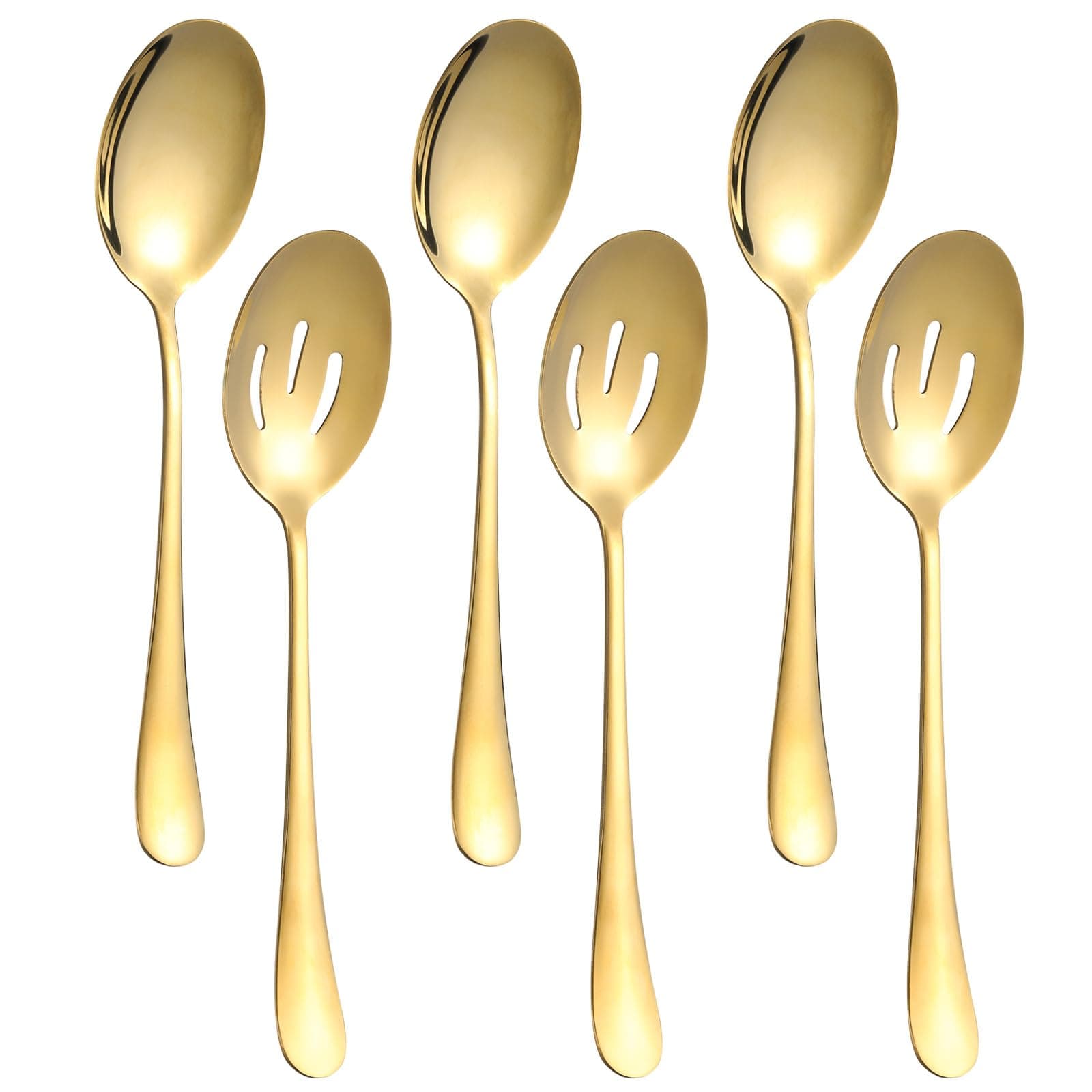 6 Pieces Serving Spoons Set, 8.7 Inch Serving Spoon, Includes 3 Server Spoon and 3 Slotted Spoons, Stainless Steel Buffet Banquet Large Utensils Cutlery Set for Kitchen, Gold