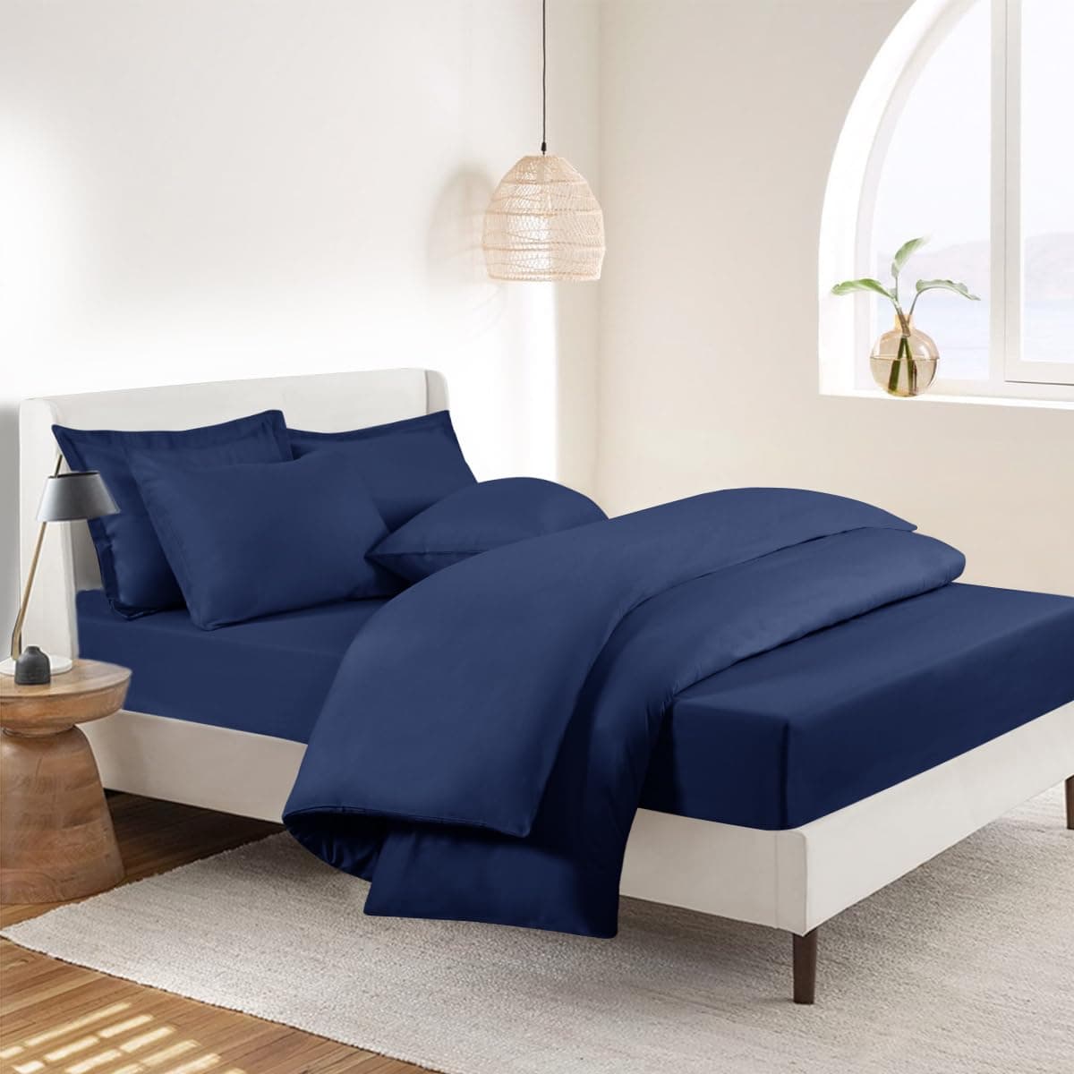 RUIKASI Bedding Double Bed Sets - 4 Piece Bedding Set Double Bed, Deep Pocket Fitted Sheet and Duvet Cover with Pillow cases, Soft Microfiber Duvet Set with Zipper, Navy Blue