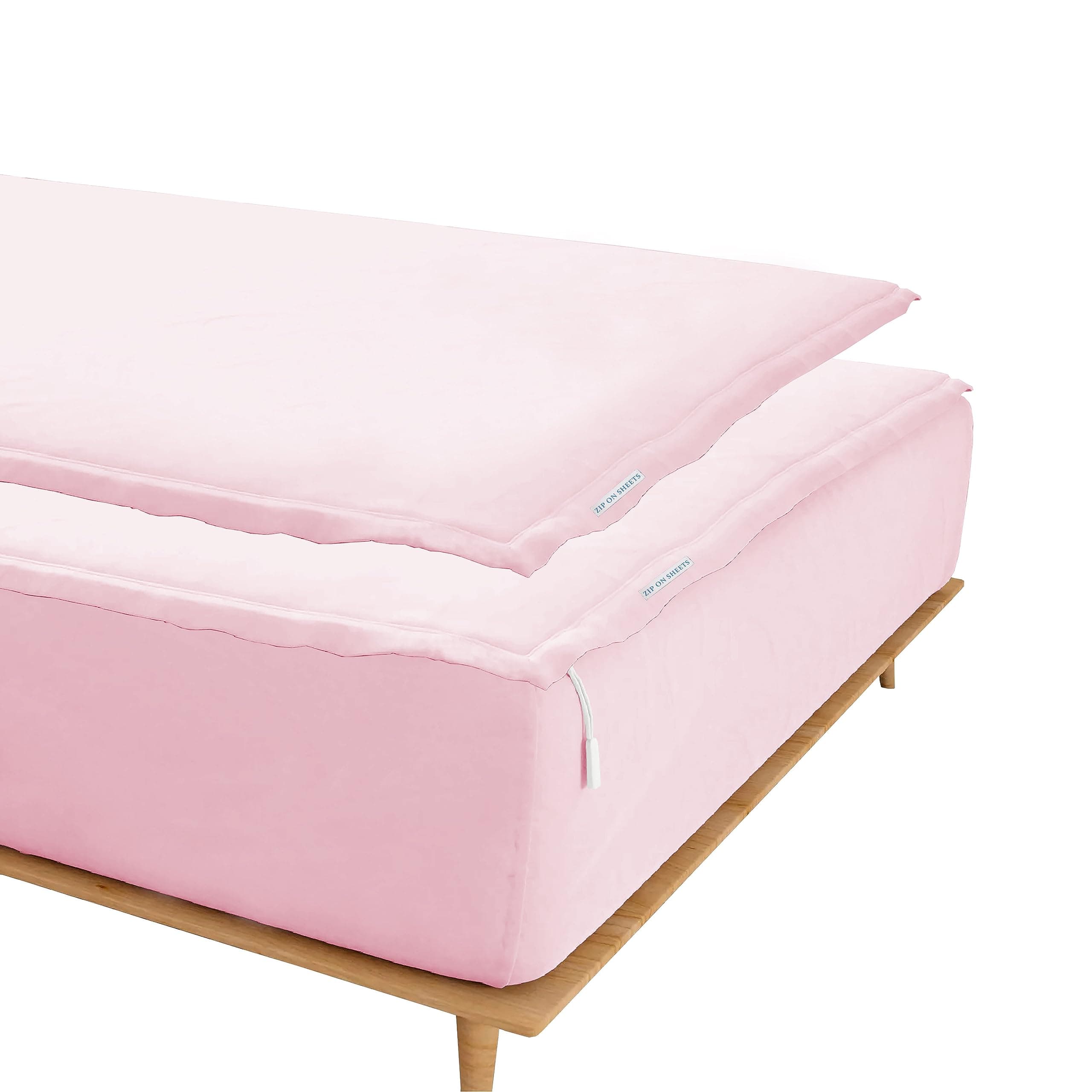 Zip On Sheets™ Zipper Fitted Sheet Full XL Size - Upto 16” Inch Deep Pockets - Includes 1 Fitted Sheet Base & 2 Zip-On Sheets - Easy to Use, Sateen Cotton 500 TC Fitted Sheet - Baby Pink