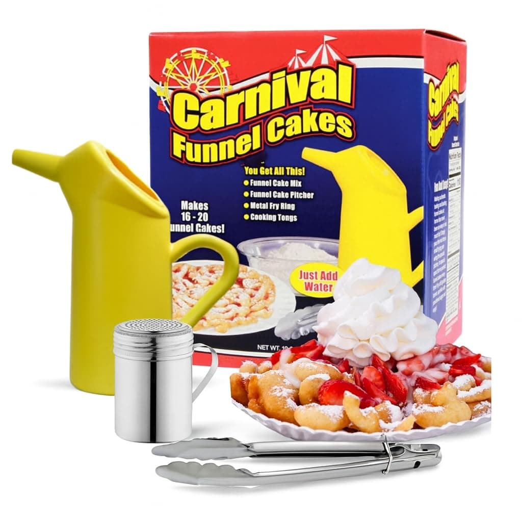 American Carnival Mart Funnel Cake Kit Deluxe Bundle- Includes Funnel Cake Mix, Ring, Dredge, and 1lb Confections Sugar - Funnel Cake Maker Machine - Food Makers