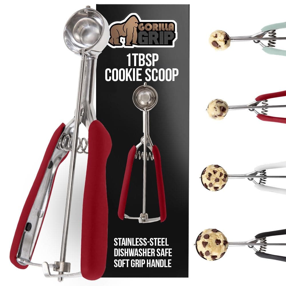Gorilla Grip Premium Cookie, Fruit and Ice Cream Spring-Loaded Scoop, 1 TBSP Small Capacity, Comfortable Scooper Handle for Easy Squeeze, Durable Stainless Steel, Uniform Portions Every Time, Red