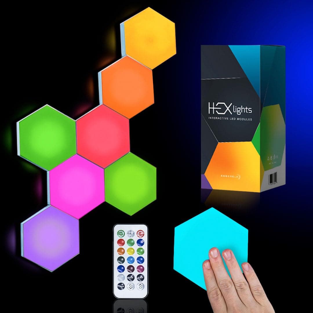 Emberela HEXlights 7-Pack Hexagon Lights, Touch and Remote Controlled RGB Wall Panels - LED Light Panels for Living Room, Bedroom, Game Room Decor - Tabletop Stand Included