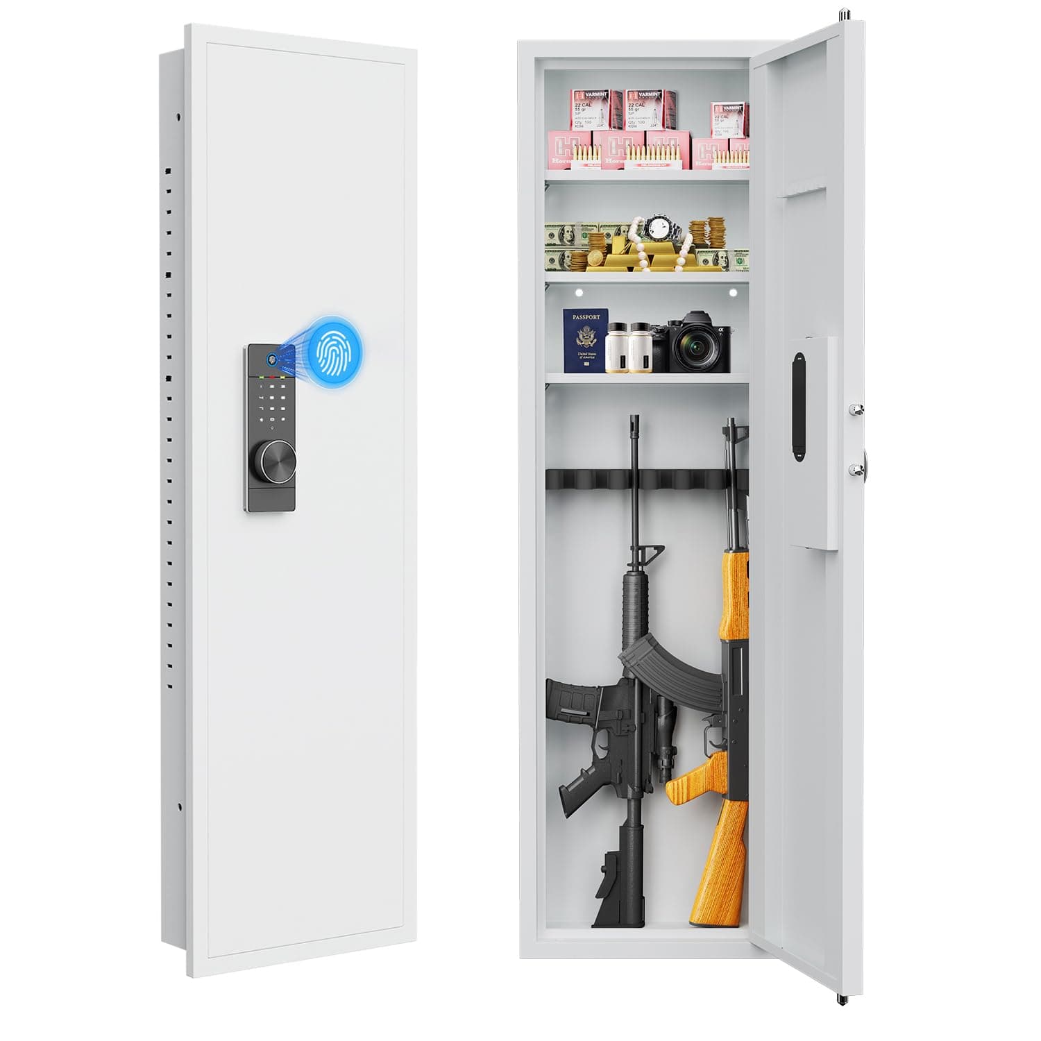 53" Wall Gun Safe with Fingerprint, Wall Safe Between Stud, Hidden Wall Gun Safe for Rifles with Adjustable Shelves,Assembled Rifle Gun Safe for Storage Firearm Money Valuables White