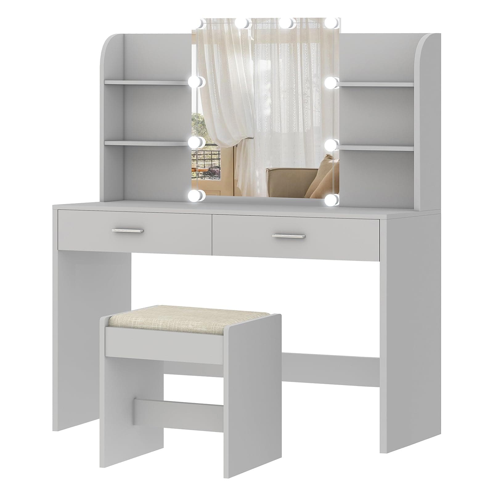 usikey Vanity Desk, Makeup Vanity Table with 10 LED Light Bulbs, Vanity Table, Vanity Desk Set with 2 Drawers, 6 Storage Shelves & Cushioned Stool for Women Girls, Bedroom, Grey