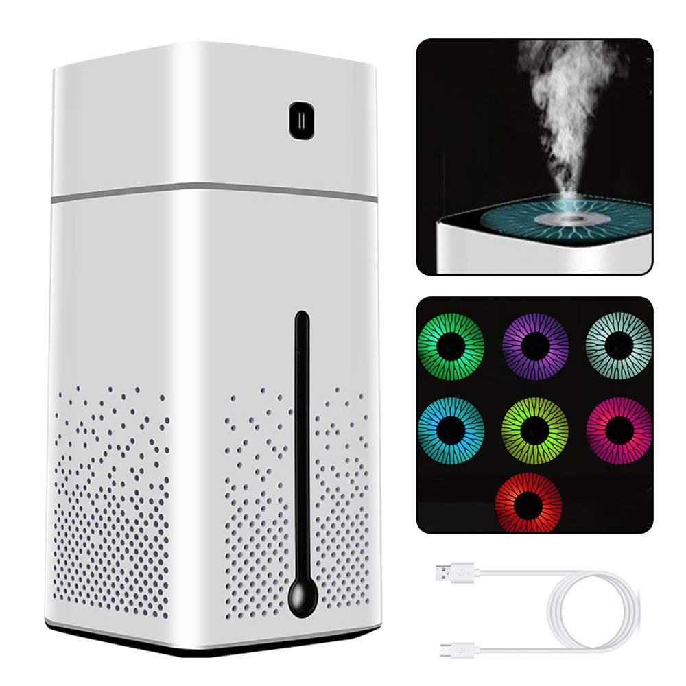 1000ML Diffuser Humidifier Electric, Cool Mist Humidifier Ultrasonic with 7 Colorful Lights, Aroma Essential Oil Diffuser for Aromatherapy, Air Diffuser, Waterless Auto-Off, Car/Office/Home (White)