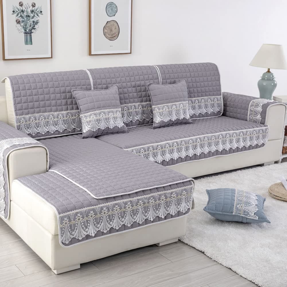 vctops Farmhouse Solid Color Sofa Slipcover Non Slip L Shape Sofa Cover Lace Trim Plaid Quilted Sectional Couch Cover Furniture Protector Cover for Pets Kids Children Dog Cat (Gray,43"x94")