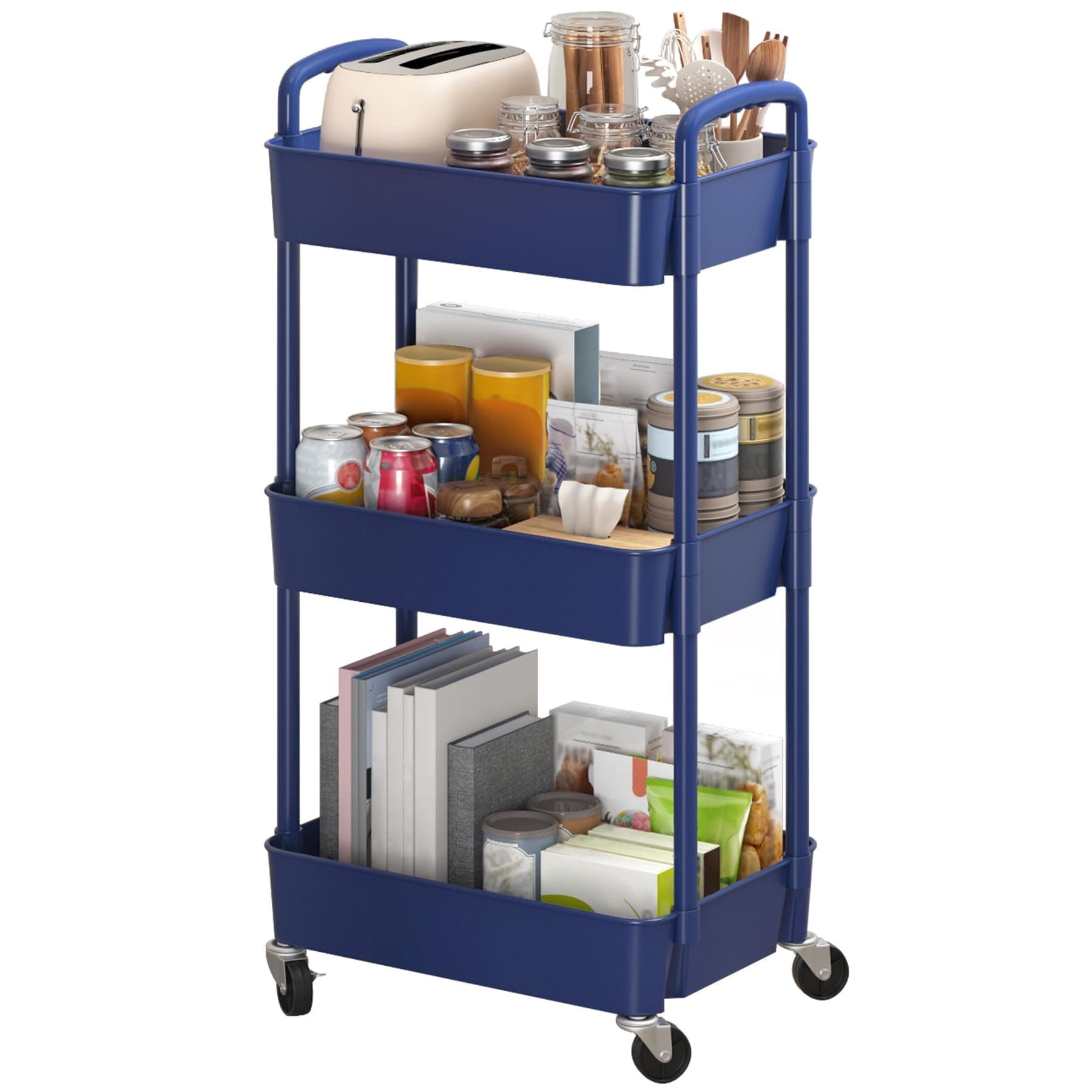 Sywhitta 3-Tier Plastic Rolling Utility Cart with Handle, Multi-Functional Storage Trolley for Office, Living Room, Kitchen, Movable Storage Organizer with Wheels, Blue