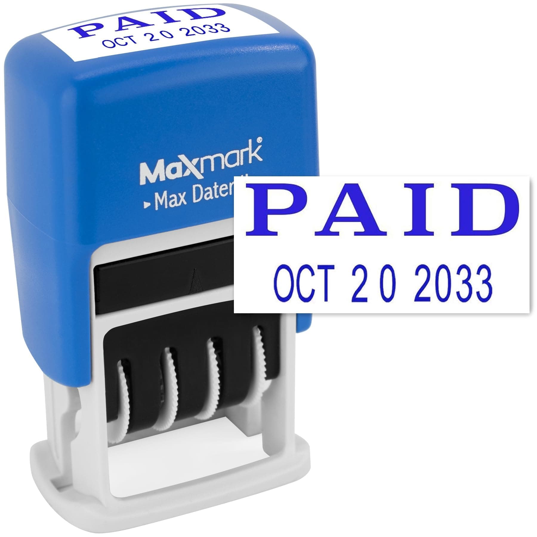 MaxMark Self-Inking Rubber Date Office Stamp with Paid Phrase & Date - Blue Ink (Max Dater II), 12-Year Band