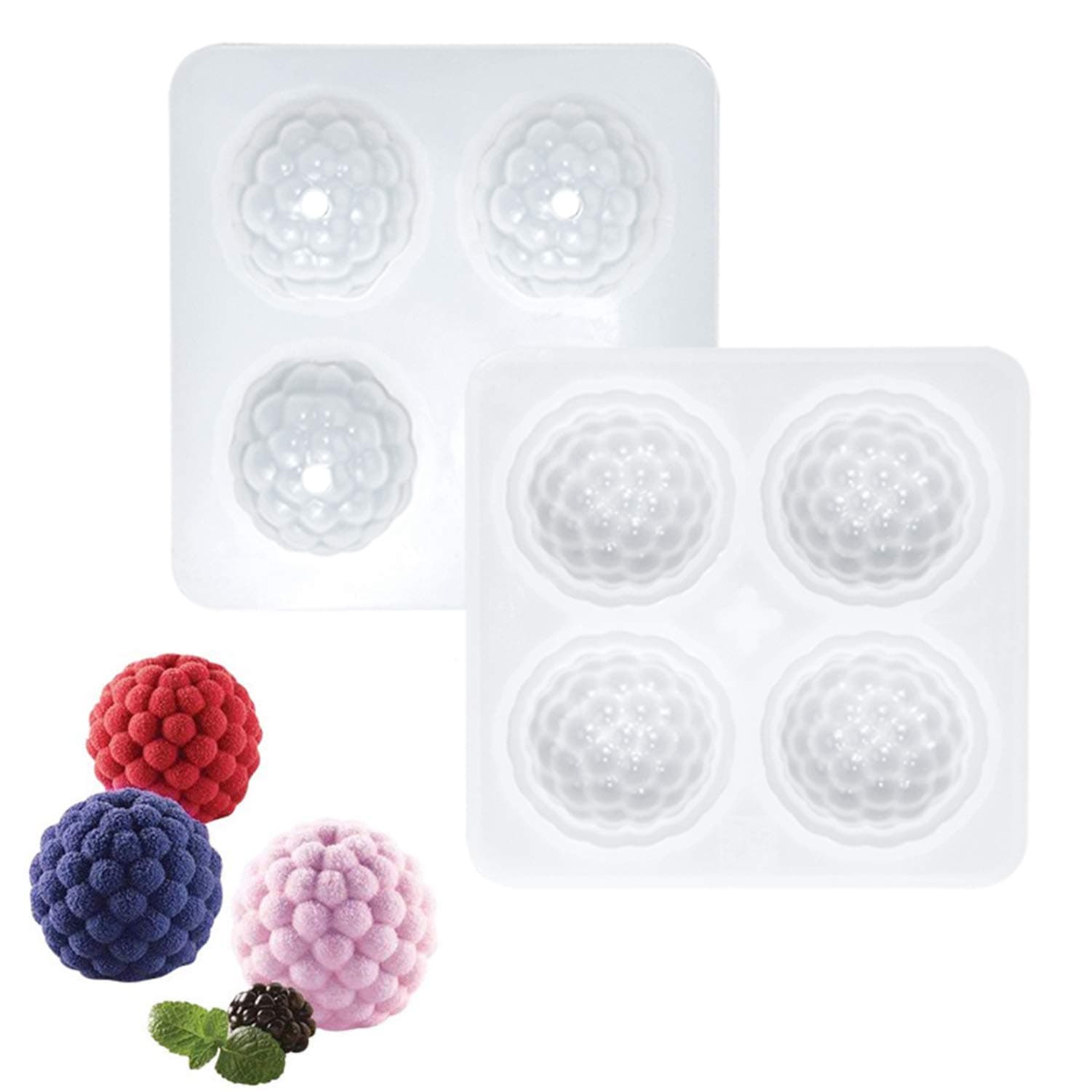 OCPO Silicone Molds for Baking 3D Raspberry Shape for Silicone Mousse Cake Mold Candy Chocolate Dessert Molds Truffle Pudding Pastry Fruit Jelly Ice Cream Mould, 4-Cavity