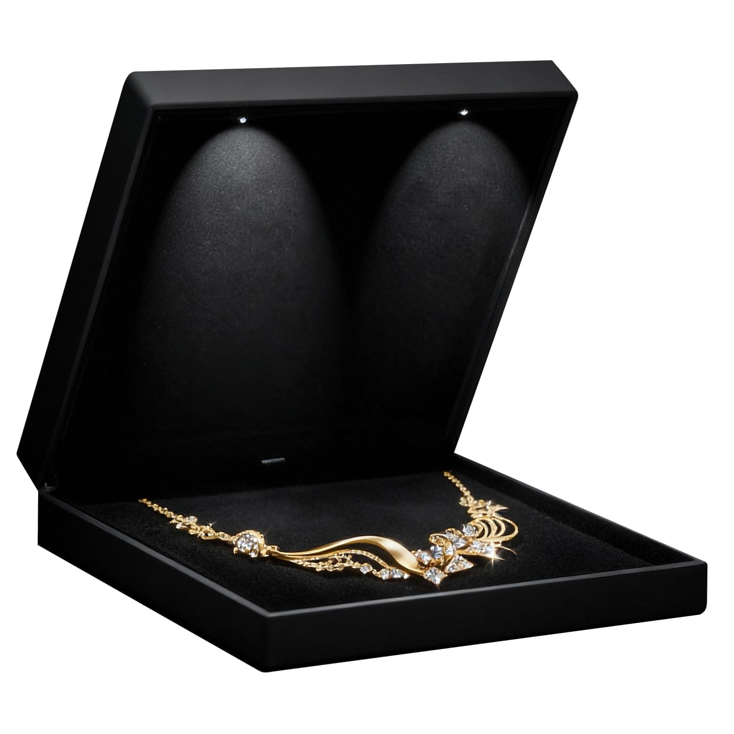 Allure - Large Necklace Box With LED Light, Square Shaped, Elegant Diamond Necklace Case, For Unique Proposal, Engagement Or Wedding, Luxury Black Velvet Interior Jewelry Display Gift Box