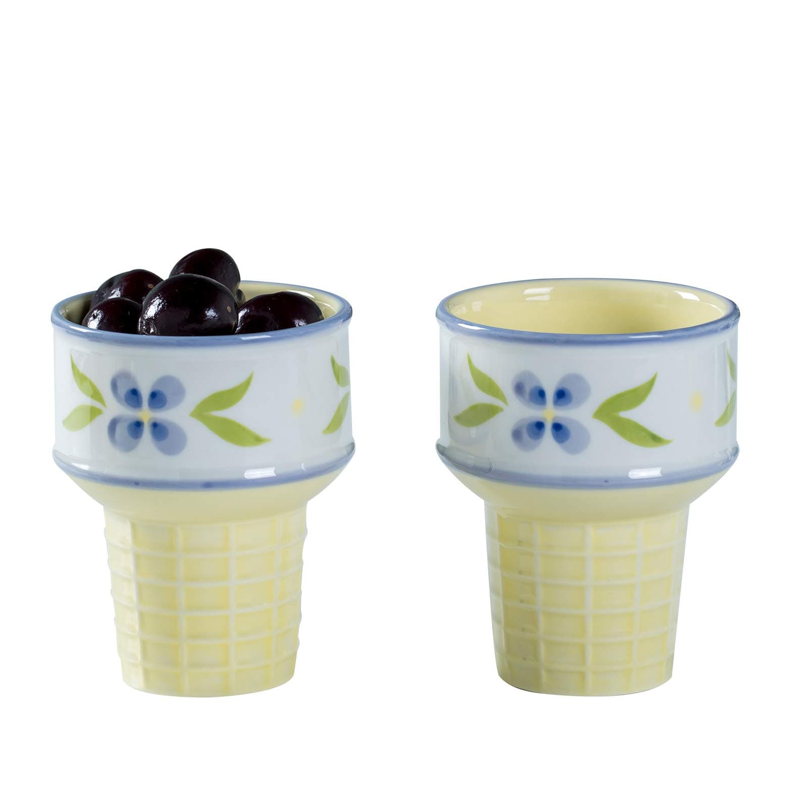 7.7 oz Ceramic Ice Cream Cup,Ice Cream Cone Dessert Bowls for Sundaes, Milkshakes, Parfaits, Set of Two (Blue Purple Flower)