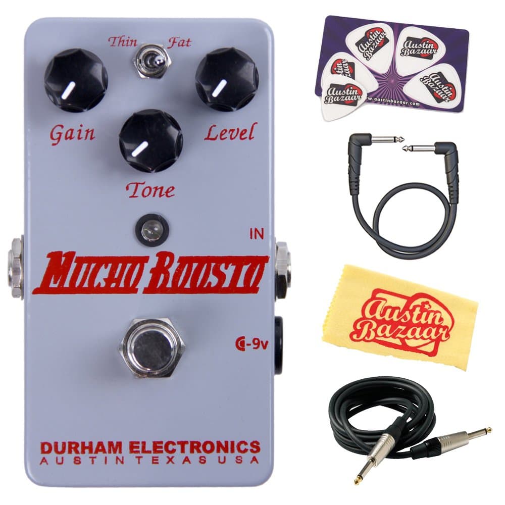 Durham Electronics Mucho Boosto Medium Gain Overdrive Booster Guitar Pedal Bundle with Instrument Cable, Patch Cable, Picks, and Polishing Cloth