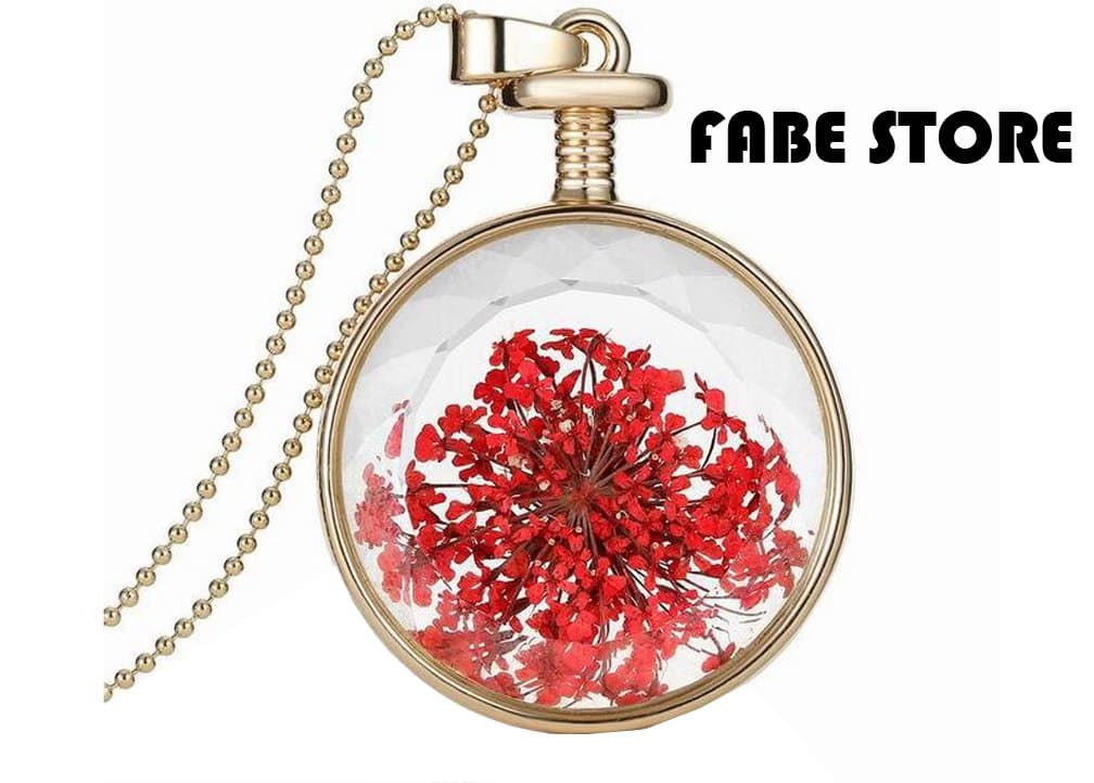 Red Pressed Flower Pendant Necklace