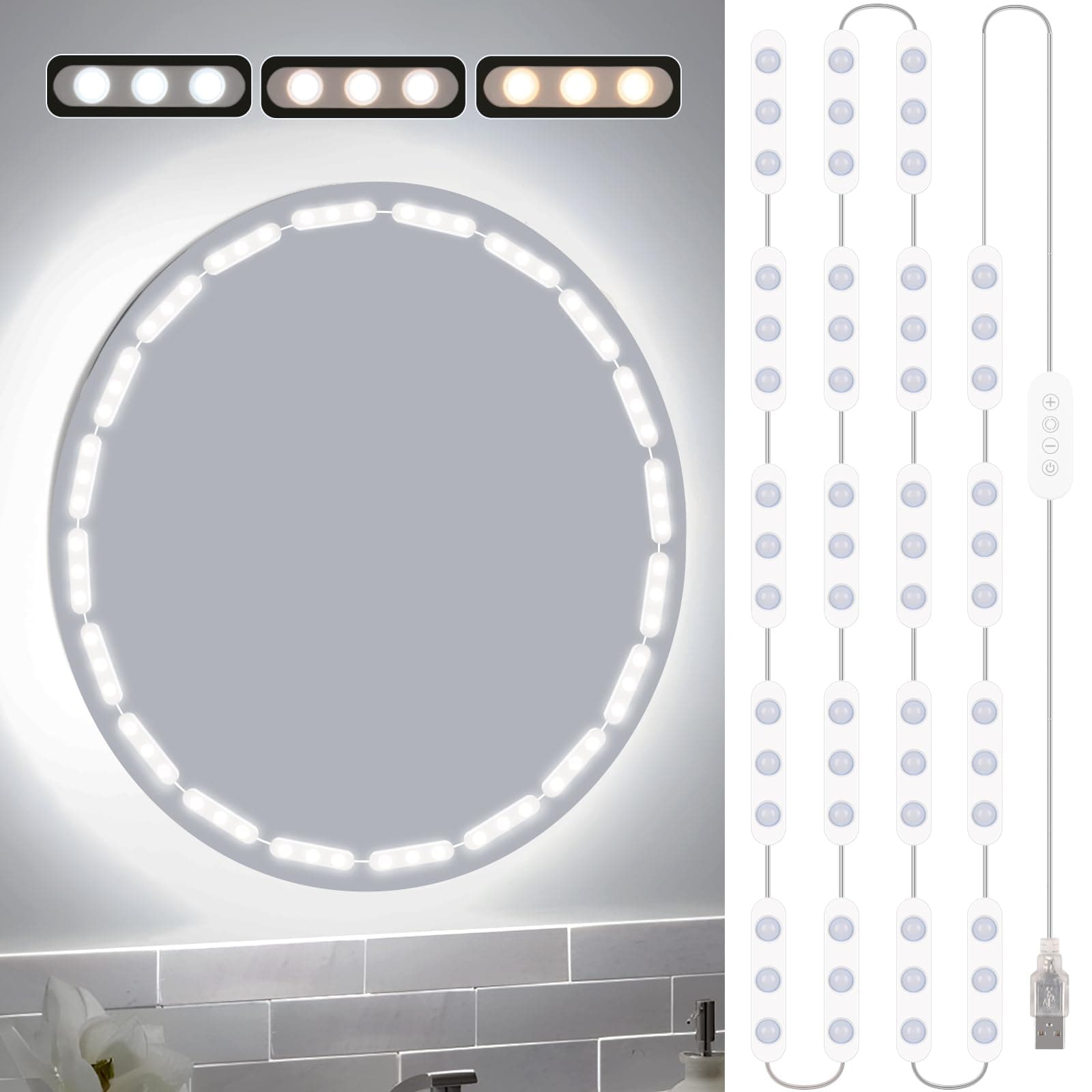 LED Vanity Lights for Mirror, 16ft Makeup Strip Light, 3000K 4000K 6000K & 10 Level Brightness Adjustable, USB Cable, Hollywood Mirror Light Stick-On for Makeup Dressing Room Bathroom Bedroom