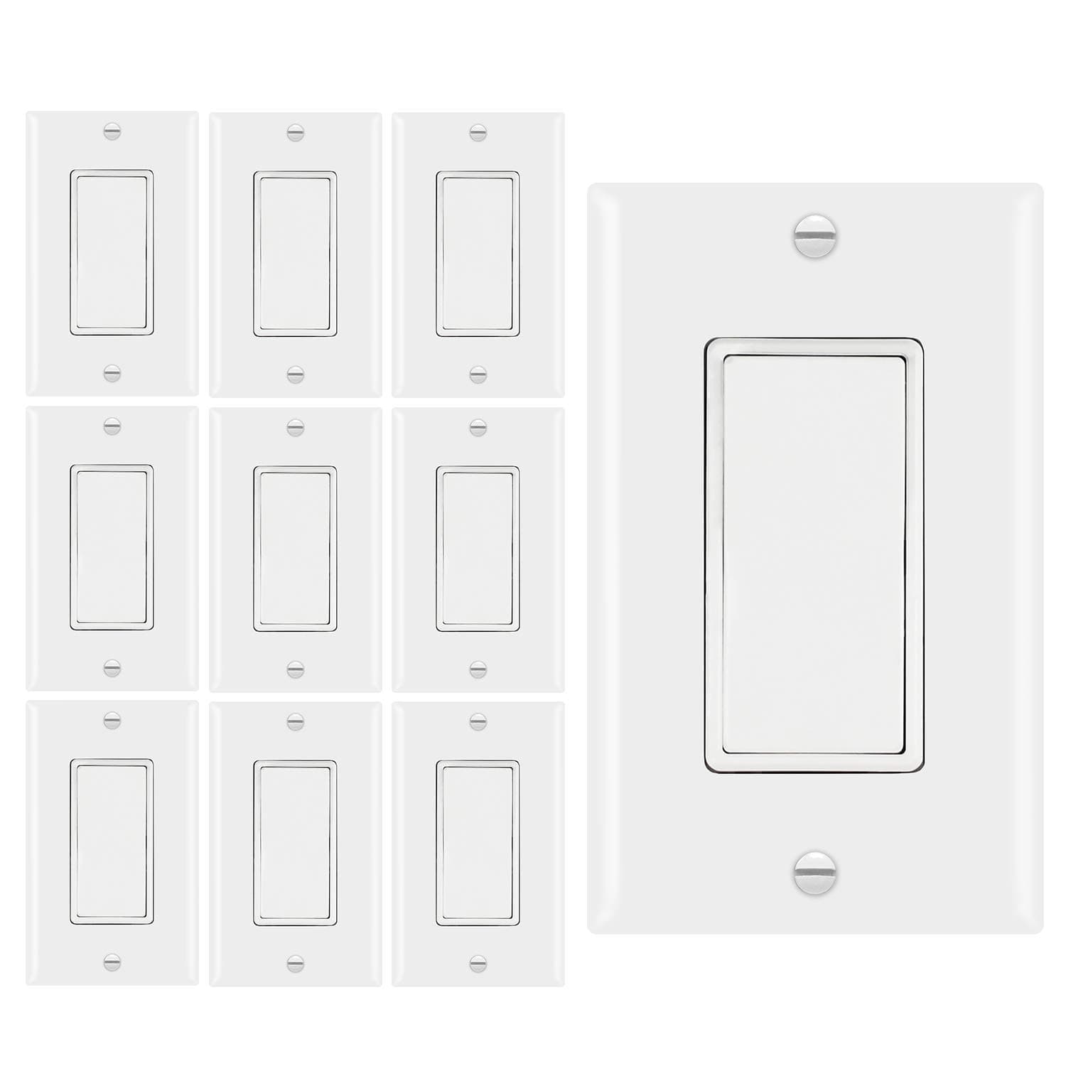 Decorator Light Switch, 15A 120V/277V Single Pole Rocker Quiet Switch, U-Grounding Screw, Residential Grade, Wall Plate Cover included, UL Listed, White, 10 Pack