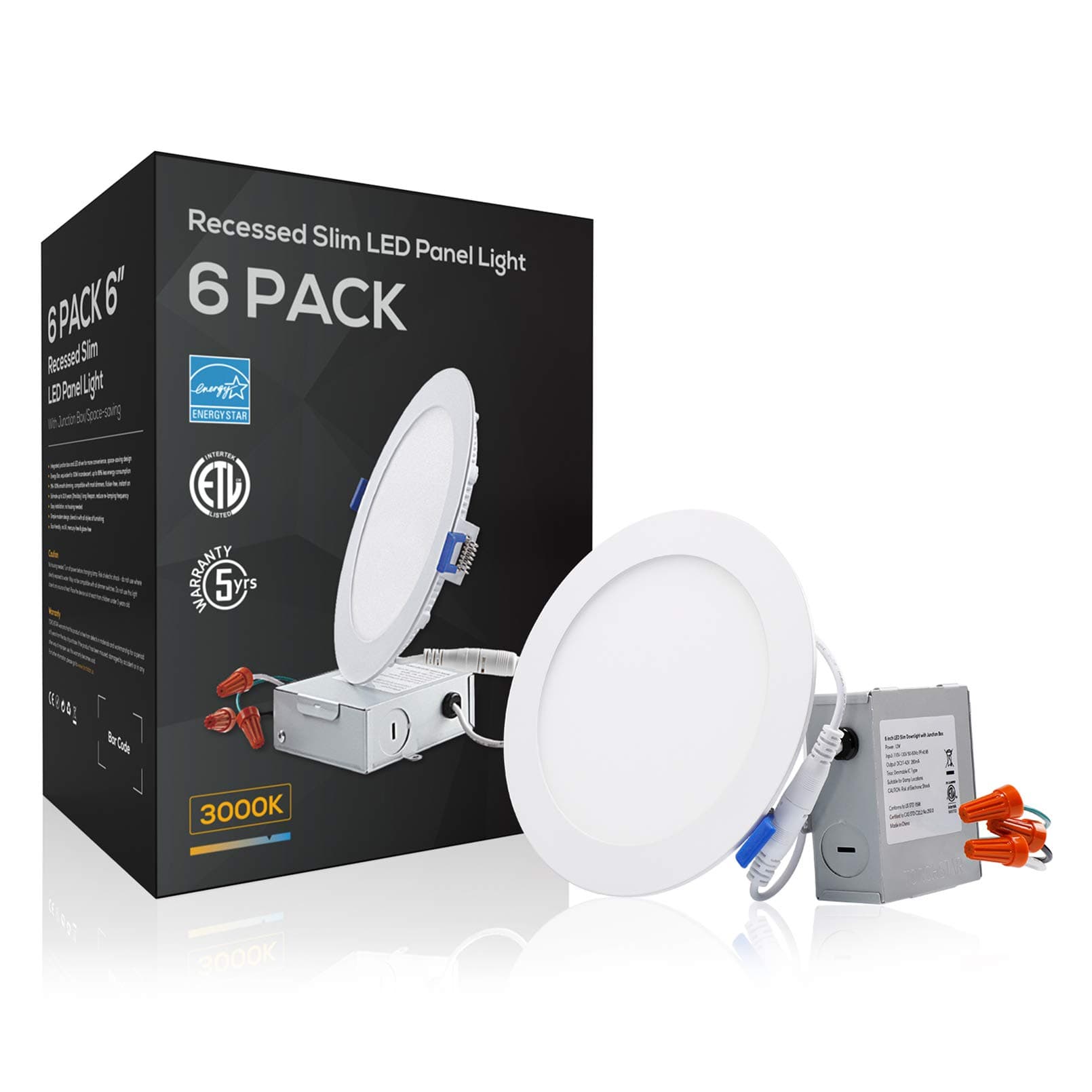 TORCHSTAR12W 6" Ultra-Thin Recessed Ceiling Light with Junction Box, 3000K Warm White, Dimmable Can-Killer Downlight, 850lm 100W Eqv. ETL and Energy Star Certified, Pack of 6