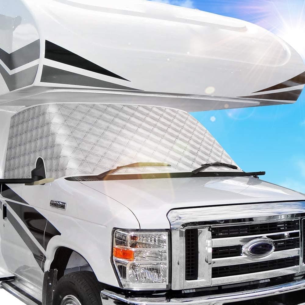 RV Windshield Window Snow Cover for Class C Ford E450 1997-2022 Motorhome Windshield Cover Snow Cover for RV Front Window Sunshade Cover RV Accessories 4 Layers with Mirror Cutouts Silver